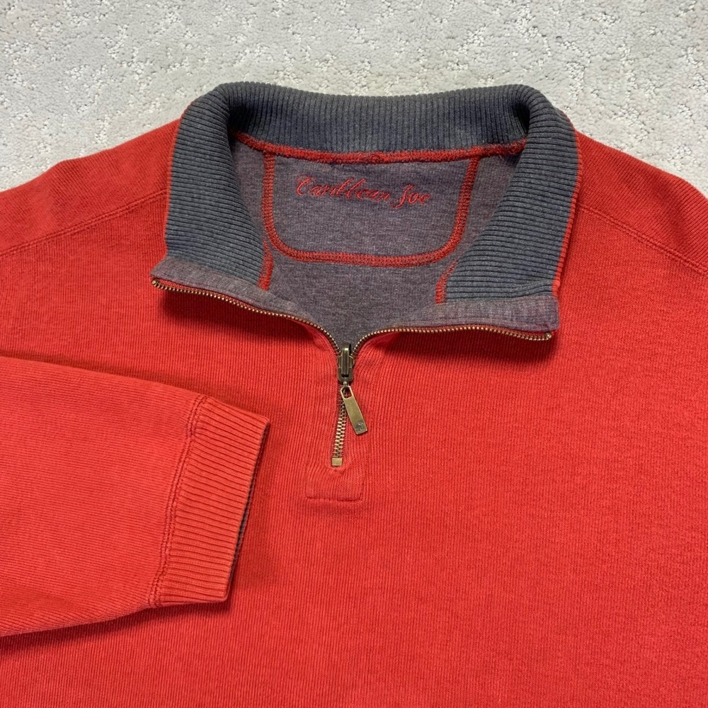 Caribbean Joe Mens Pullover Size XL Coral Red Gray Quarter Zip Ribbed Reversible